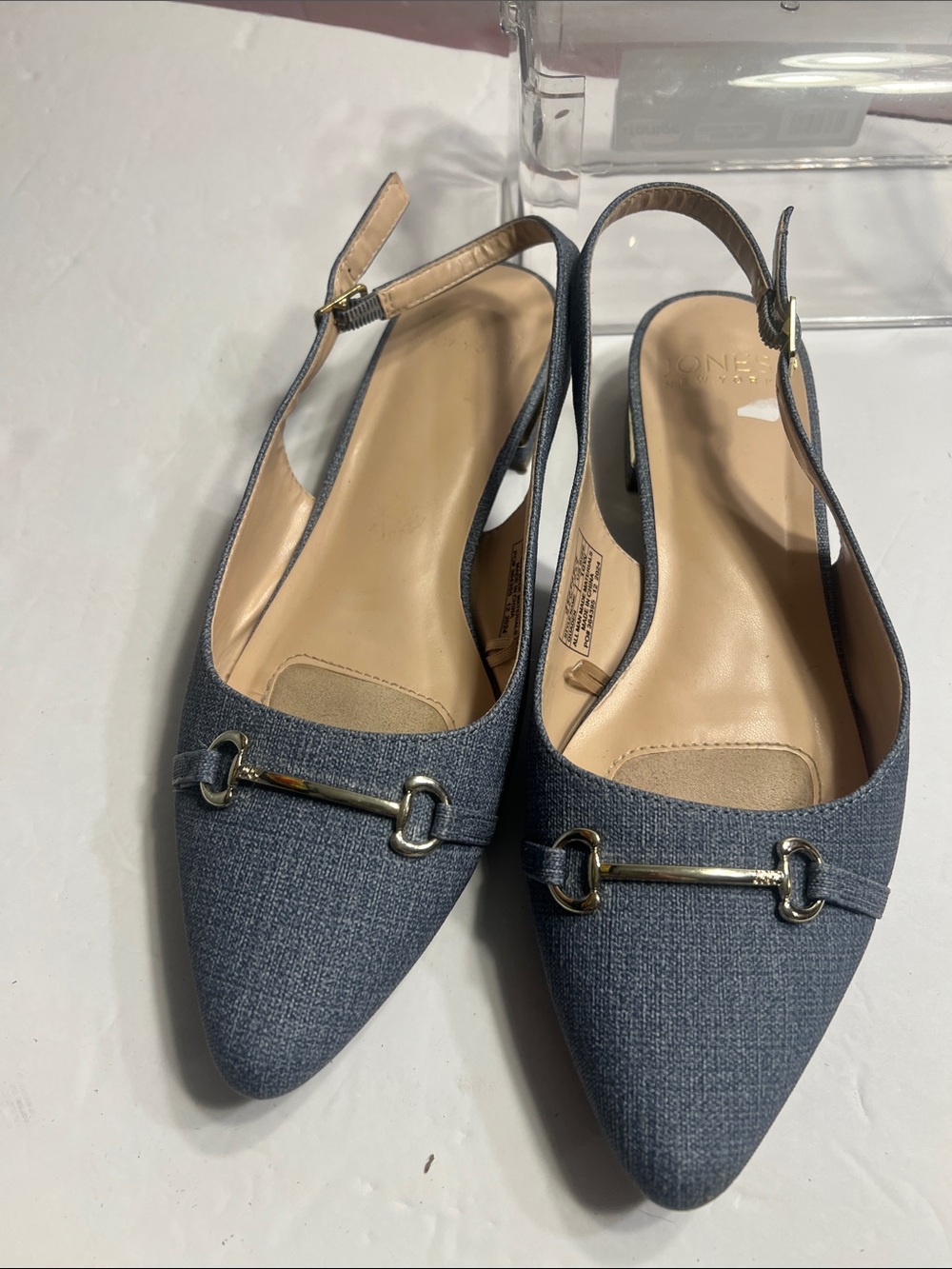 Jones New York Denim-Textured Blue Pointed Slingback Flats with Metal Bit